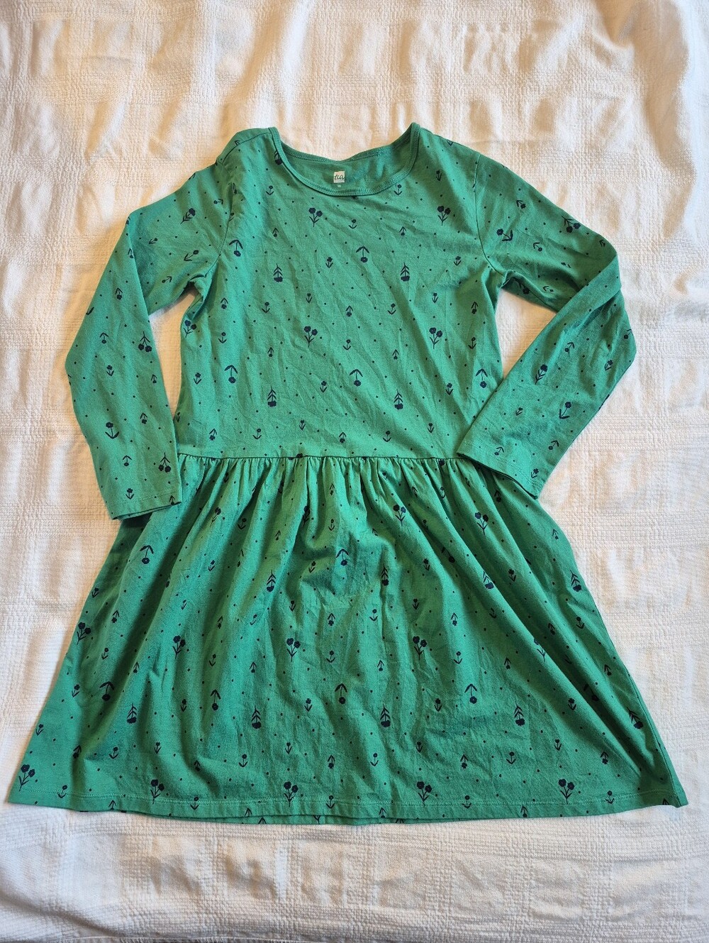 Tea Collection girls size 14 green dress long sleeve blue flower design VGUC